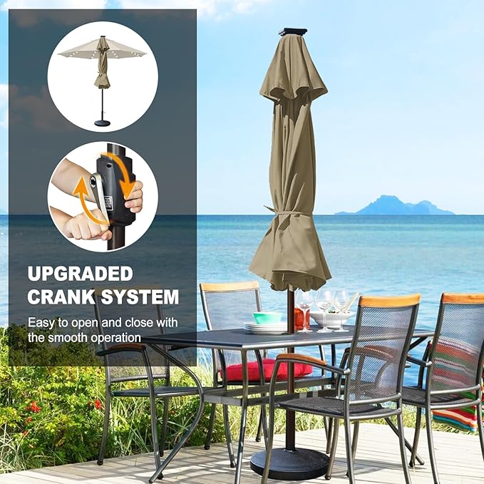 Eurmax USA 10-Year-Non-Fading 10FT Outdoor Patio Market Umbrella with LED Lights,UPF50+ UV Resistant,Heavy Duty Commercial Grade,Crank Lift Design,Windproof Vented Top for Garden,Pool,Deck,Mushroom