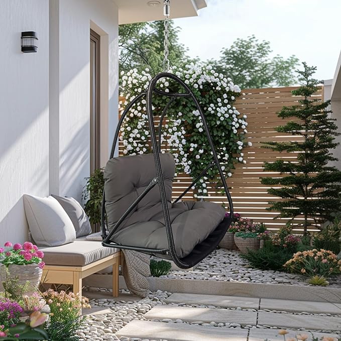 JESE Swing Egg Chair Without Stand Foldable Frame Hanging Chairs for Indoor Outside,with UV Resistant Waterproof Cushion&Cup Holder,Swing Hammock Chair for Patio,Bedroom,Balcony,Garden,Backyard,Black
