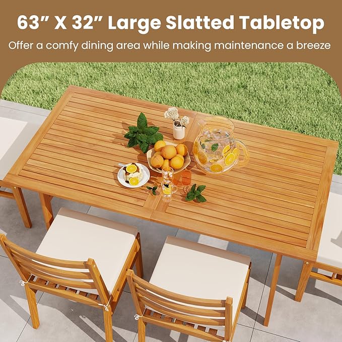 Tangkula 6 Pieces Patio Acacia Wood Dining Set, Outdoor Rectangular Table with 1.97” Umbrella Hole, Bench and Cushioned Chairs for 6, for Deck, Yard and Poolside