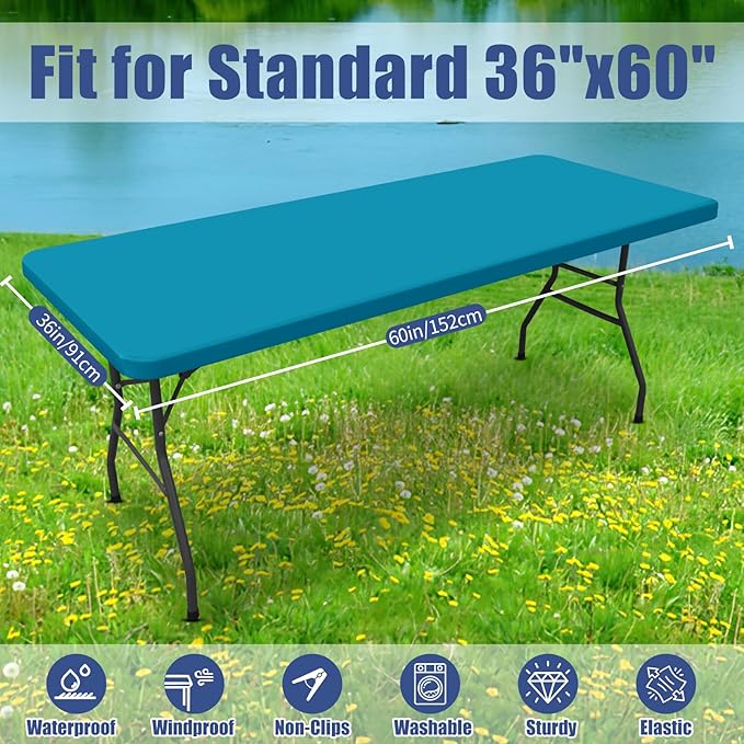 Moosfor Spandex 5 Foot Rectangle Table Cloth 2 Pack, Elastic Fitted Tablecloths for Picnic, Stretch Washable Patio Table Cover for Outdoor, Camping, Banquet and Parties (Teal, 36"x60")