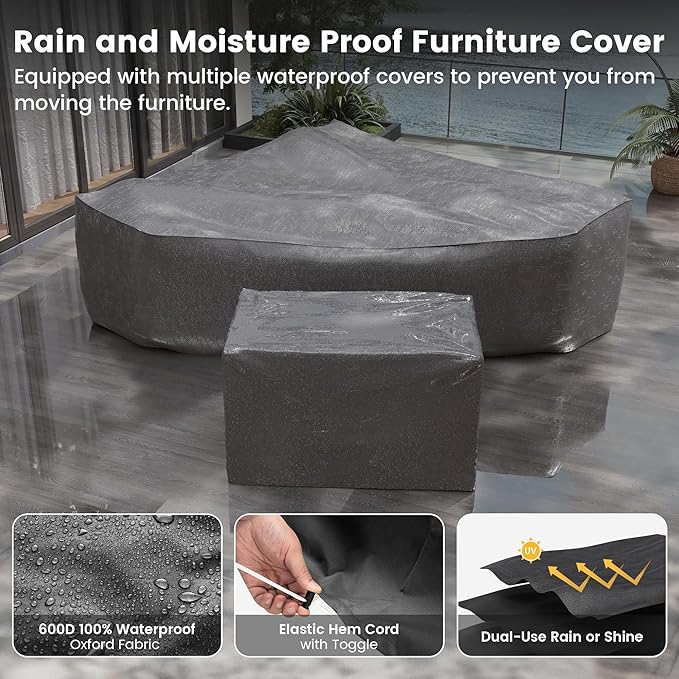UDPATIO Patio Sectional Sofa with Fire Pit Table, 8 Inch Armrest 7-Piece Wicker Conversation with Waterproof Cover for Backyard Deck, Brown/Navy Blue