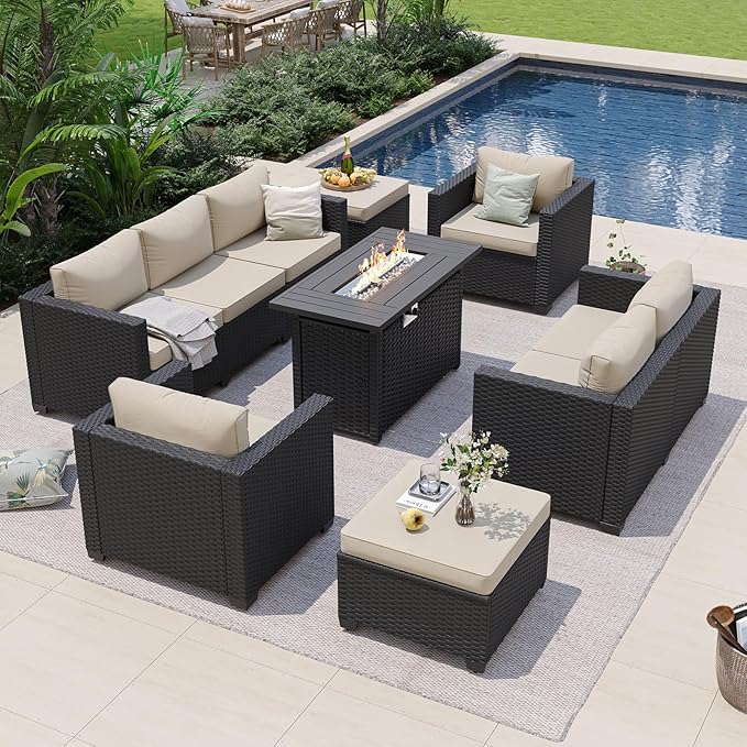 Aoxun 7 Piece Patio Furniture Set with Fire Pit Table, 9 Seats Outdoor Furniture Set with Wicker Ottomans, Rattan Outdoor Sectional Sofa with Thickened Cushion & Waterproof Cover Beige