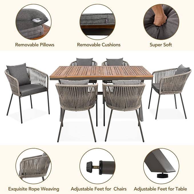 VilroCaz 7 Pieces Patio Dining Set, All-Weather Outdoor Conversation Set Gathering Set with Acacia Wood Tabletop and Metal Frame, Dining Table and Chairs for Garden Backyard Balcony (Green Rope)