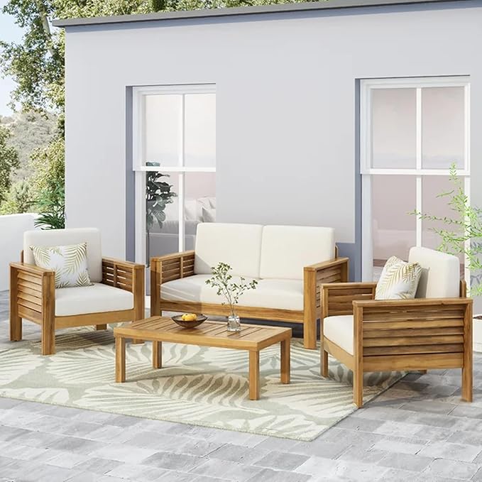 Merax 4-Piece Outdoor Acacia Wood Patio Conversation Set with Loveseat,2 Chairs and Coffetable for Backyard