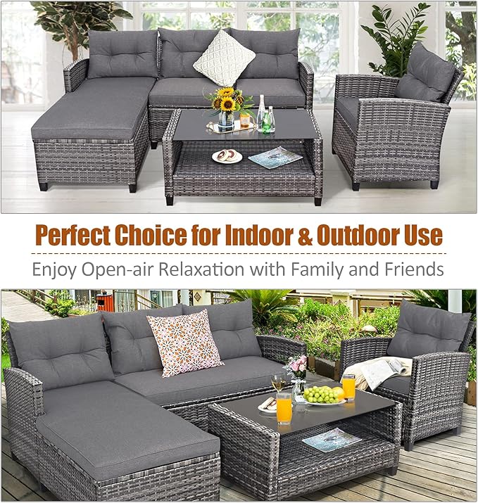 Tangkula 4 Pieces Rattan Conversation Set, Patiojoy Outdoor Furniture Set with Cushions, Lounge Sofa Set with Coffee Table, Patio Sectional Sofa Set for Patio Garden Poolside Backyard (Gray)