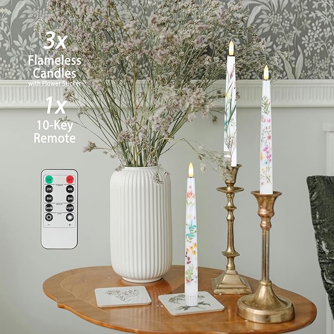 Spring Flameless Taper Candles with Flowers, 9.6" Real Wax LED Candles with Remote, 3 Pack Flickering Candlesticks Battery Operated, Fake Candle for Home, Wedding, Party