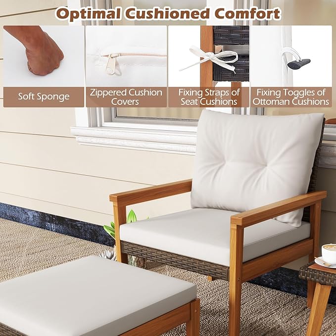Tangkula 5 Piece Rattan Furniture Set, Wood Frame Chairs & Ottomans w/Square Coffee Table, Space Saving Cushioned Wicker Patio Conversation Set for Backyard, Poolside (Off White)