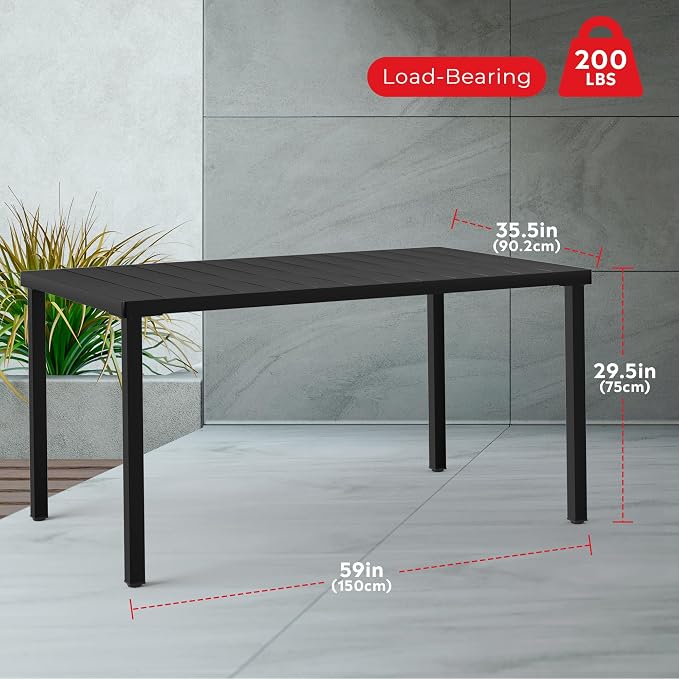 Costaelm Outdoor Dining Table for 6, Rectangular Metal Patio Table, 6-Person Weather Resistant Steel Slat Table for Lawn Garden Backyard, Black