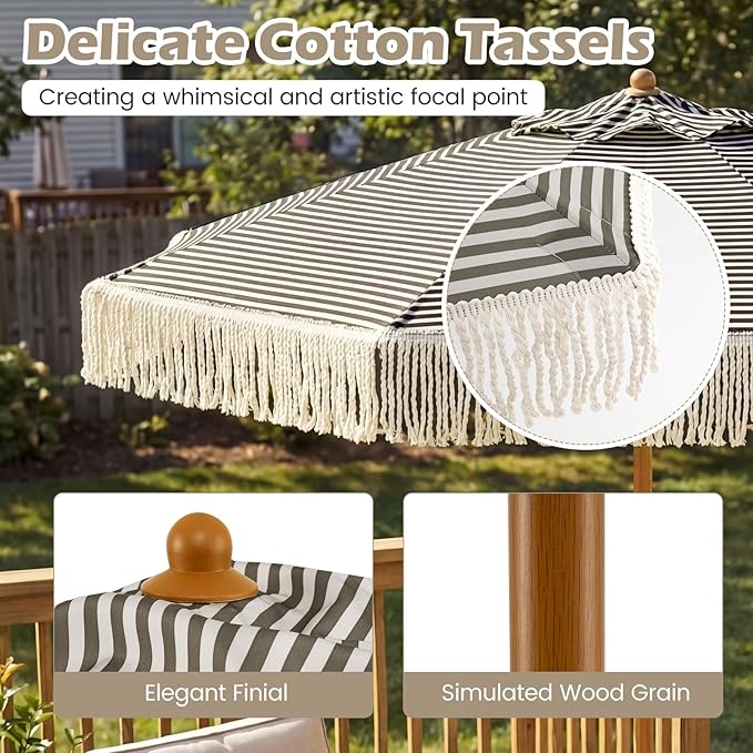 HAPPYGRILL 7 FT Patio Umbrella with Fringe, Outdoor Tassel Umbrella w/Sun-Protective Polyester Canopy, Wood-like Aluminum Pole, Air Vent, Boho Market Table Umbrella for Beach Backyard Poolside