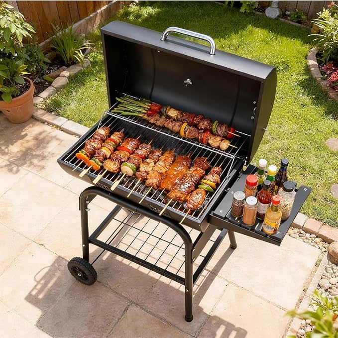 VINGLI Upgraded Barrel Charcoal Grill with 2 Sides Table, BBQ Grill Outdoor Smoker with Wheels for Party Garden Patio and Backyard Cooking 39''D × 24''W × 46''H (Upgraded Grill w/Side Table)