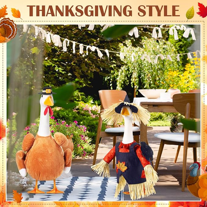 2 Set Thanksgiving Day Goose Outfit Scarecrow Turkey Lawn Porch Goose Cloths Plastic Clothing Fall Thanksgiving Outfit for 23 Inches Outdoor Patio Yard Lawn Art Decoration (Cute)