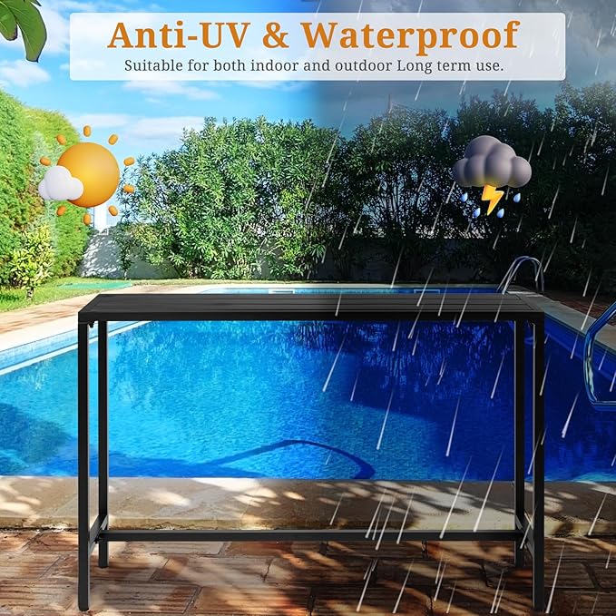 55in Patio Bar Tables,Outdoor Rectangle Narrow Counter Height Table,Metal Bar Height Tables,Indoor Bistro Cocktail Table,with Adjustable Feet,for Patio Garden Deck Yard Poolside Balcony (Black)