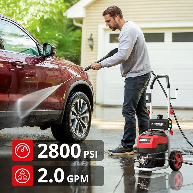 AMERISUN 2800 PSI Pressure Washer, 2.0 GPM Electric Power Washer with Foam Tank, 5 Quick-Connect Nozzles & 8" Wheels, Portable High-Pressure Cleaner for Car, Deck, Fence & Outdoor Use