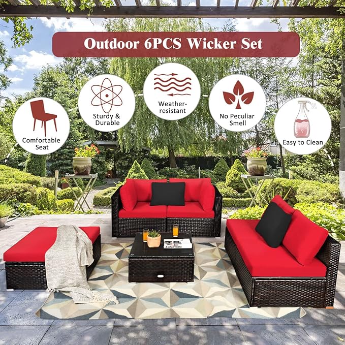 COSTWAY 6-Piece Outdoor Patio Furniture Set, Rattan Sectional Sofa Set with Tempered Glass Coffee Table, Cushions and Ottoman for Garden, Deck, Backyard (Red)