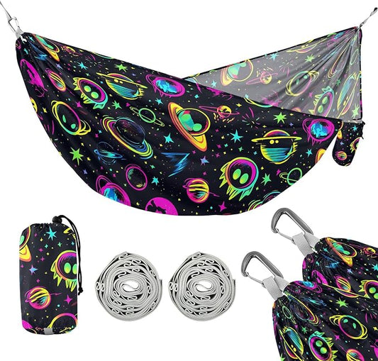 Camping Hammock Outdoor Hammocks for Outside Neon Planet Beach Trees Portable Lightweight with Pockets Tree Straps Indoor