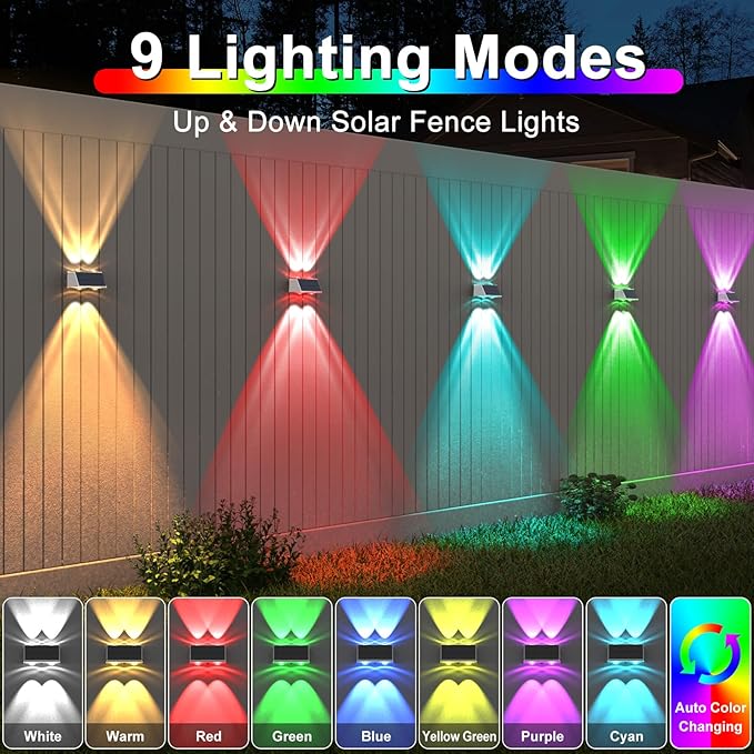 LANSOW Solar Fence Lights 8 Pack, Solar Powered Lights Outdoor Waterproof, 9-Mode Warm/Cool White & RGB Up-Down Led Spot Wall Lights Dusk to Dawn Decor for Backyard, Deck, Patio, Pool, Railing(White)