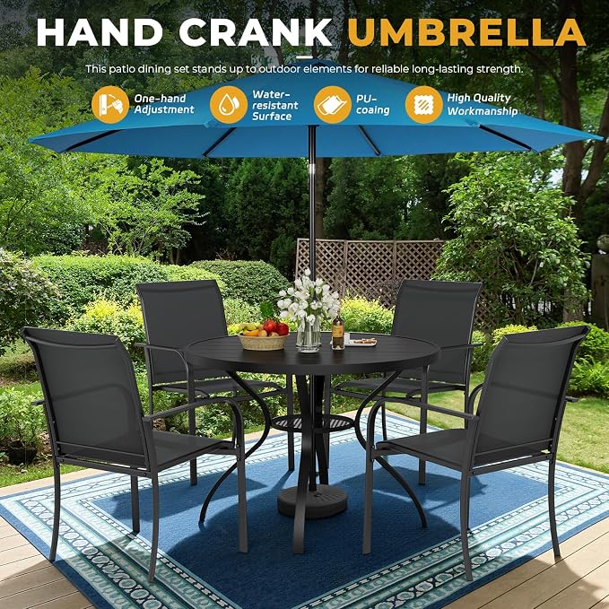 Incbruce 6 PCS Patio Dining Set with Sky Blue Umbrella, Outdoor Dining Set of 4 Textilene Chairs and 41" Round Table with Umbrella Hole for Backyard, Garden, and Poolside (Black)
