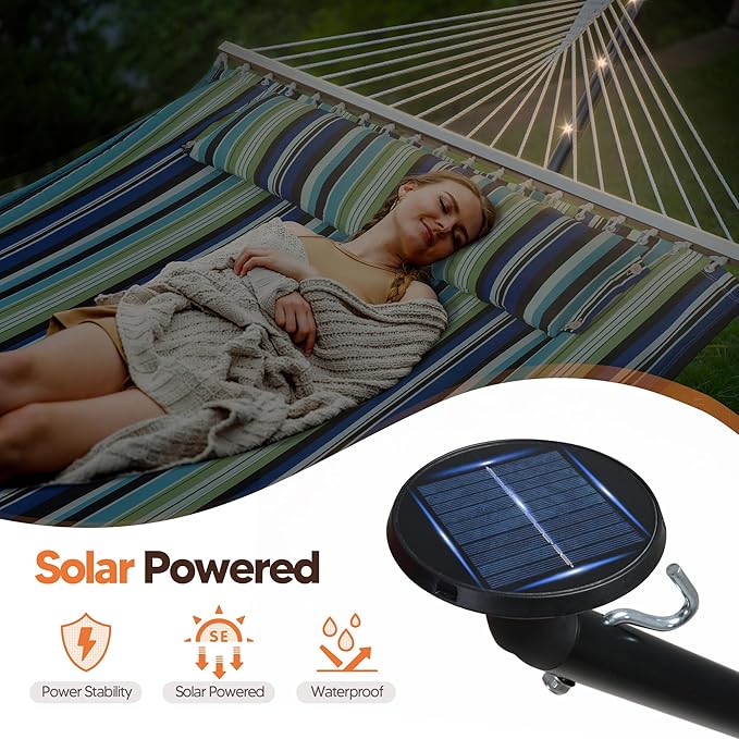 SUNCREAT Hammocks Stand Alone Hammock with Solar Powered Lights, Portable Standing Hammock, Green