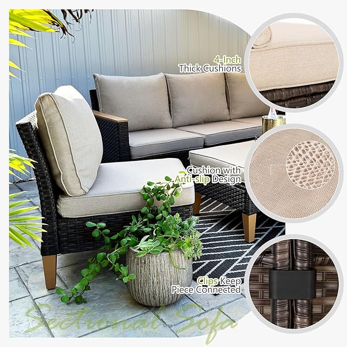Sophia & William Large Outdoor Patio Furniture Set High Back 8 Piece All-Weather Wicker Sectional Sofa Set Patio Conversation Set Couch with Ottomans,Clips & 4" Thick Cushions, Beige