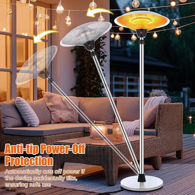 Glooglitter 1500w Electric Patio Heater for Outdoor Stainless Steel Free Standing Infrared Space Heater with Adjustable Height and Dust Bag, Tip-over Protection, for Porch Balcony Living Room Gazebo