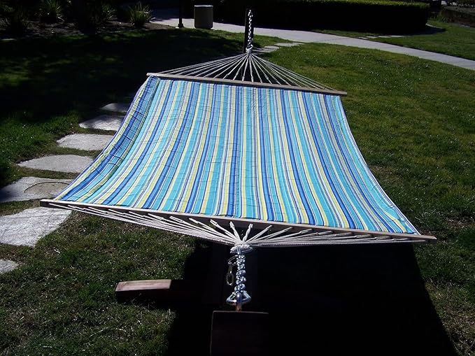 14 Ft. Water Treated Wooden Arc Hammock Stand + Premium Quilted, Double Padded Hammock Bed. 2 Person Bed.450 LB Capacity(Coffee Stain/Teal & Yellow Stripe)