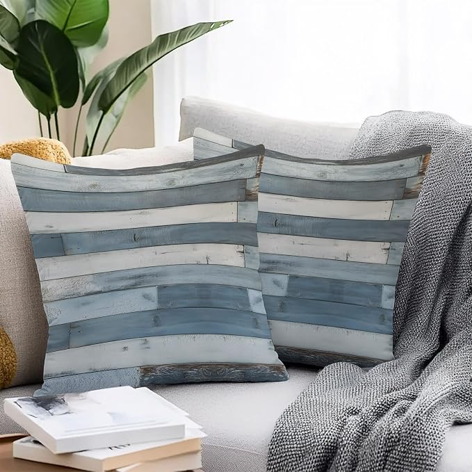 Vintage Blue Farmhouse Outdoor Pillow Covers Waterproof, All Weather Cushion Case Set of 2, Retro Wooden Country Decorative Pillowcases for Sofa Couch Bed Decor Patio Furniture 16"x16"