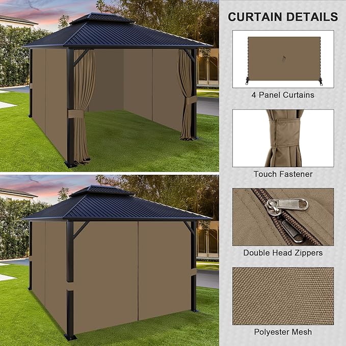 Aoodor 12x12 ft Outdoor Gazebo Curtains, 4 Panels Waterproof Privacy Sidewall Replacement with Zipper for Patio Pergola and Canopy, Light Coffee