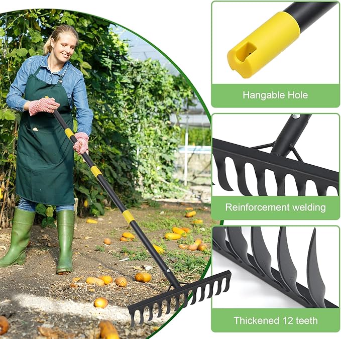 Bow Rake, 78" Heavy Duty Garden Tools Lawn Leveling Rake with Long Handle, 12 Tines Garden Tools Metal Head for Loosening Soil, Cleaning the Leaves and Weeding Control, Leaf, Thatch, Landscape Tools