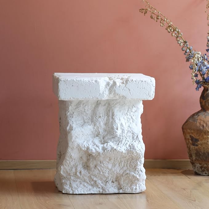 Christopher Knight Home Nataly 18.75" H Small Outdoor Side Table, Carved Garden Stool with Stone Block Shape, Lightweight Concrete End Table, Patio Decorative Home Stool for Balcony Backyard, White