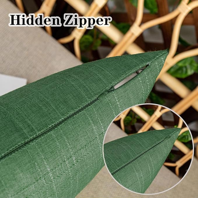 Kevin Textile Outdoor Waterproof 12”x20” Pillow Covers 2 Pack, Dark Green | Water Resistant, Soft Faux Linen-cotton Yarn-dyed Woven Texture Throw Pillow Covers for Tent Patio Garden Couch Sofa