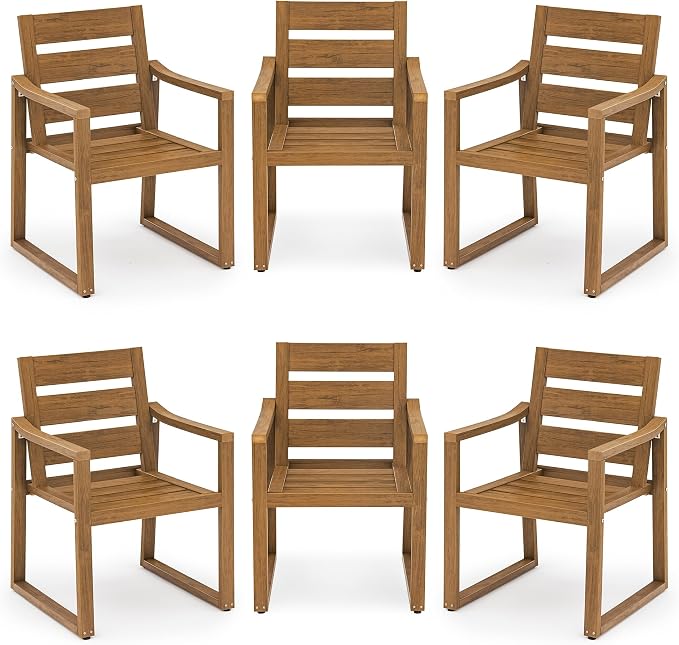 Cozyman HDPS Outdoor Dining Chairs Set of 6, 350 LBS, Patio Dining Chairs with Armrest, All Weather Outdoor Kitchen Chairs with Square Frame Legs for Outdoor Indoor, Backyard, Teak Color-Oil Printed