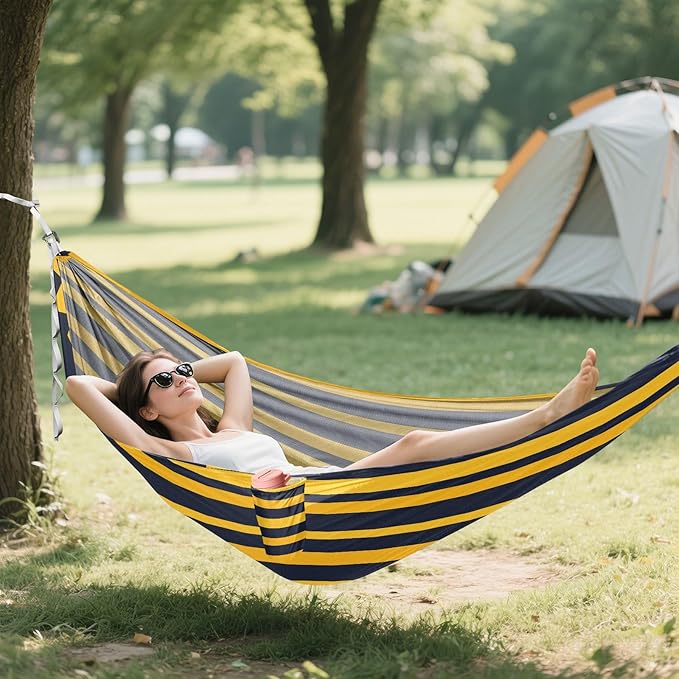 Camping Hammock Outdoor Hammocks for Outside Yellow Black Stripe Beach Trees Portable Lightweight with Pockets Tree Straps Indoor