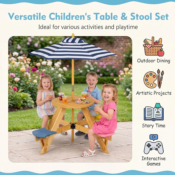 HONEY JOY Kids Picnic Table, 4-Person Fir Wood Toddler Round Outdoor Table & Chair Set, Adjustable Umbrella, Wooden Children Outdoor Furniture for Patio Backyard Lawn Garden, Natural