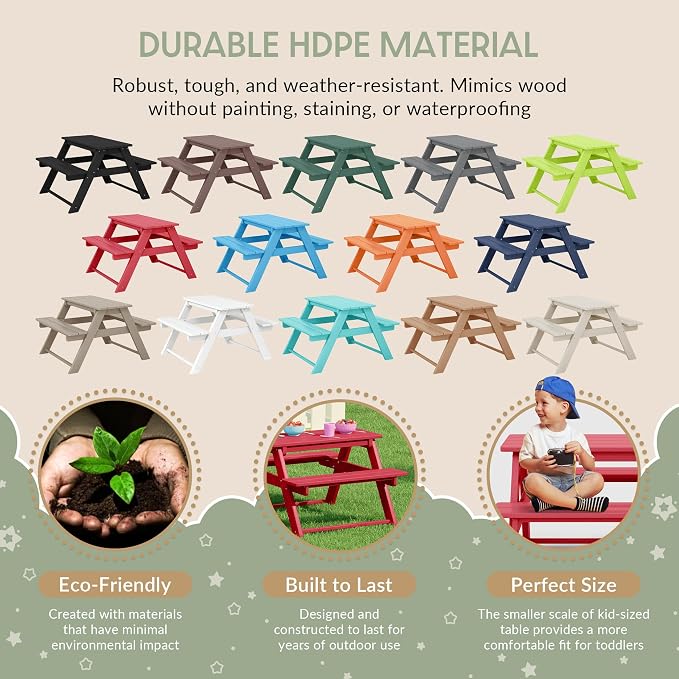 WestinTrends Malibu Outdoor Patio and Indoor Kids HDPE Plastic Picnic Bench Table, Red