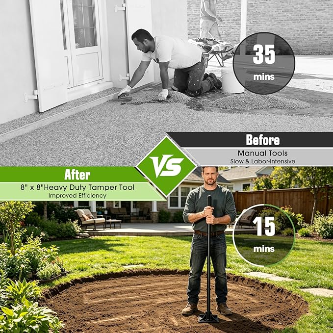 Tamper Tool Landscaping, 59IN Tamper Tool 8"×8" Garden Tamper for Leveling Soil Sand Gravel Asphalt Ground Paver Driveway Garden Yard Lawn Edging Fence Post Installation and Blacktop Repair