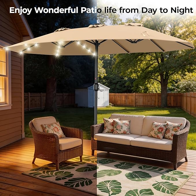 HOMSHADE Double Sided Patio Umbrellas - 15ft Solar Lights LED Lighted Outdoor Extra Large Market Table Umbrella with Base Included, Oversized Umbrella for Deck, Pool, Backyard (Beige)