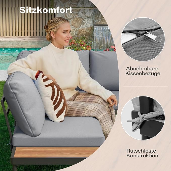 LAUSAINT HOME L-Shaped Outdoor Furniture Set, 5 Pieces PE Rattan Patio Conversation Set, Rustproof Steel Sectional Sofa with Thickened Cushions & Coffee Table for Patio, Garden, Poolside and Balcony