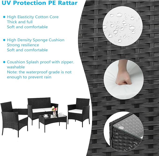 Patio Furniture Set,4 Piece Outdoor Patio Conversation Set with Cushions,All-Weather PE Rattan Sectional Patio Sofa Set with 5mm Thick Tempered Glass Coffee Table,Black
