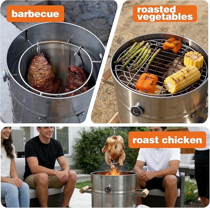 Charcoal Barrel Smoker Grill Combo, 100% Premium 304 Stainless Steel | 95% Less Smoke & Even Heat, Easy Clean Outdoor BBQ Cooker for Backyard & Balcony (Medium, 25 LBS Capacity)