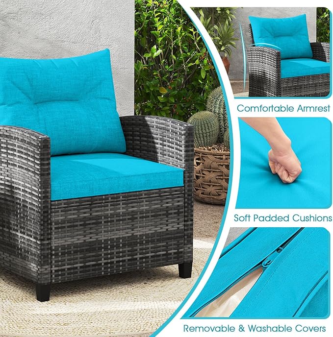 ORALNER Patio Furniture, 3 Pieces Outdoor Wicker Conversation Set Chairs with Soft Cushions and Glass Coffee Table, Rattan Bistro Set for Balcony Garden Deck Front Porch Poolside (Turquoise)