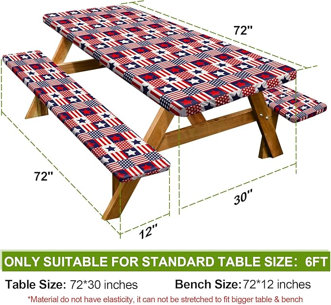 Play Tailor Picnic Table Cover with Bench Covers Camping Essentials Waterproof Windproof Camping Tablecloth with Drawstring Bag, Fitted Rectangle Tables and Seats, 72in, Red Blue Checkered