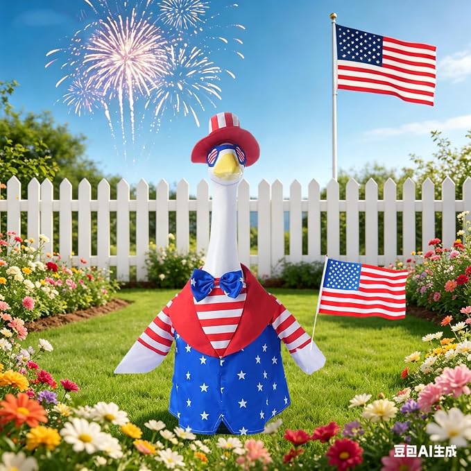 Uncle Sam Porch Goose Outfit for 23" Cement Goose, 4 Pcs 4th of July Patriotic Goose Clothes with Tall Hat, Eye mask,Flag, Patriotic Lawn Yard Decor for Independence Day