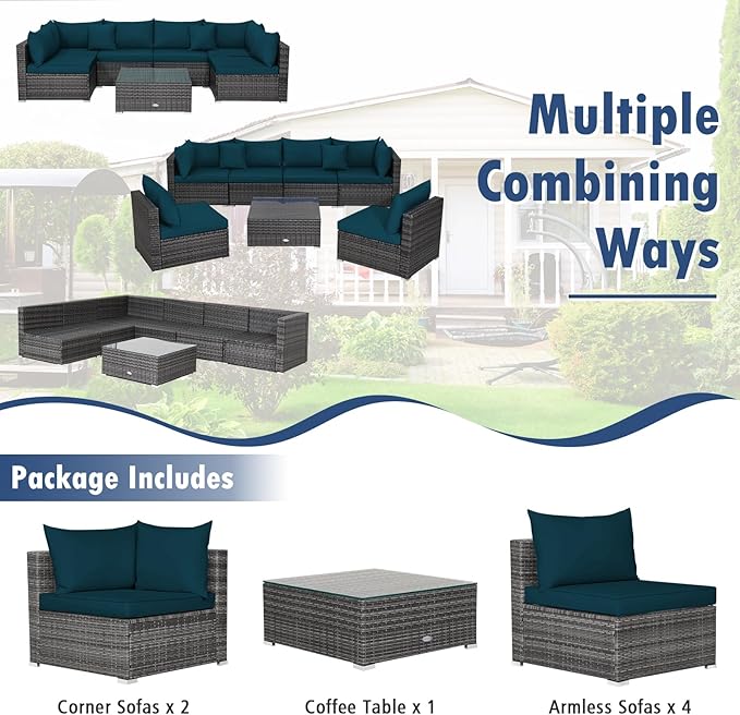 Tangkula 7 Piece Patio Wicker Furniture Set, Outdoor Rattan Sectional Sofa Set for 6 with Seat & Back Cushions, 2 Throw Pillows, Sofa Fastener Clips, for Backyard, Poolside, Deck (Peacock Blue)