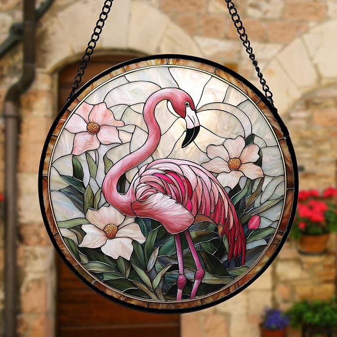 DASTOLL Stained Glass Window Hanging, Flamingo Flower Sun Catchers Diamond Glass Panel Hangings Pink Suncatcher Decor for Birthday for Women, Men, Wife, Aunt, and Mom 15x15 in