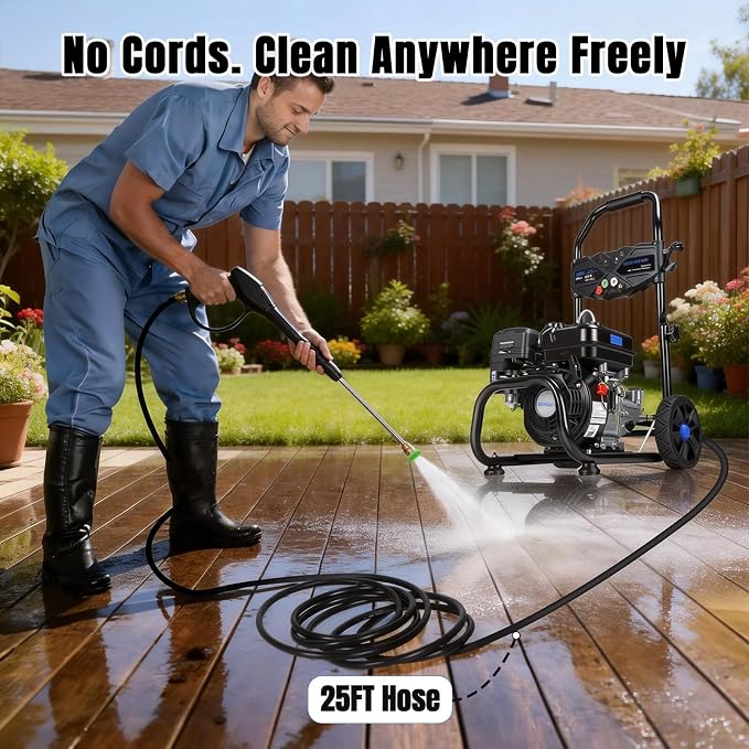 Gas Pressure Washer, 3500PSI / 209CC / 2.3GPM / 7HP 4-Stroke Portable Power Washer Gas with 4 Quick Connect Nozzles, 25FT Hose, Soap Tank, Pressure Washer Gas Powered for Car Driveway Deck Paint Prep