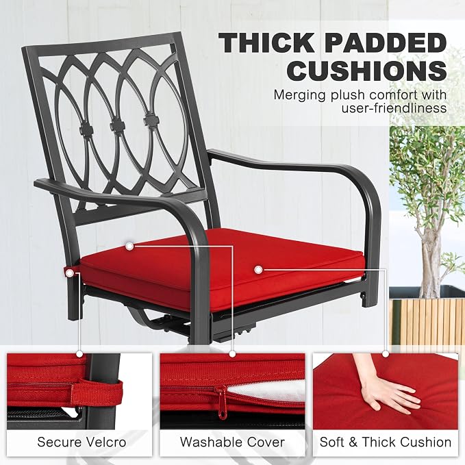 NUU GARDEN 5 Piece Outdoor Dining Set, 4 Swivel Patio Dining Chairs and 37 Inch Square Dining Table with 1.6'' Umbrella Hole and Red Removable Cushions for Garden,Backyard, Deck, Yard, Black