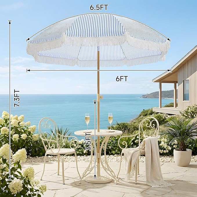 6.5FT Boho Patio Umberlla with Fringe,UPF50+ Outdoor Umbrella with Fiberglass Ribs and Push Button Tilt,Tassels Umbrella for Beach,Terrace,Picnic