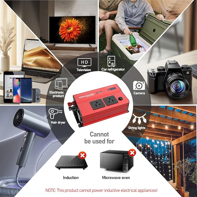 DrimMek 1000 Watt Power Inverters 12v to 110v for Vehicles - with Dual AC Outlets, 1000w Inverter with 3.0A USB and Type-C, 12v Inverter car Cigarette Lighter Battery for/Truck/RV/Emergency