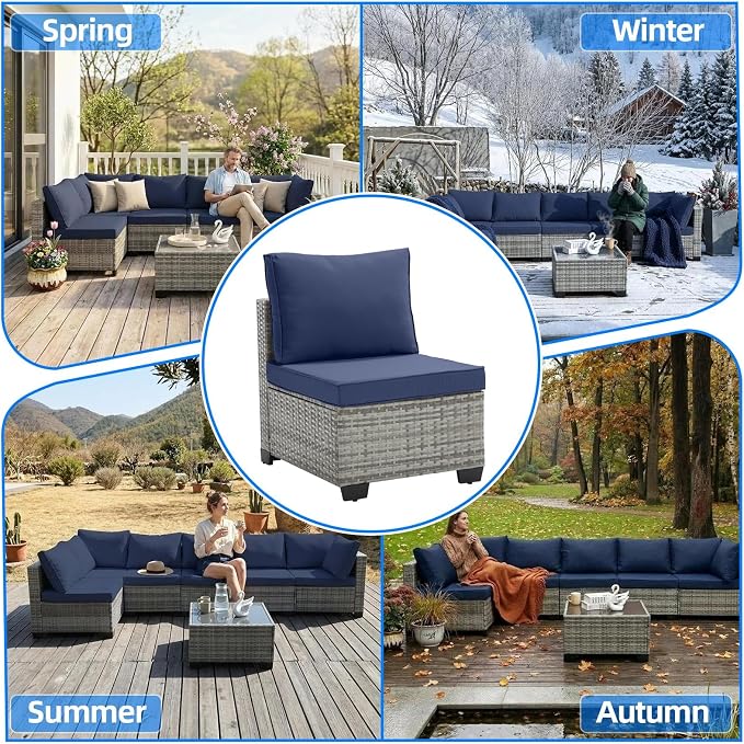 7-Piece Outdoor Patio Furniture Set, Grey PE Rattan Weaving Sofa with Navy Blue Cushions and Steel Frame, Coffe Table Included, Outdoor Conversation Set for Balcony, Porch, Backyard