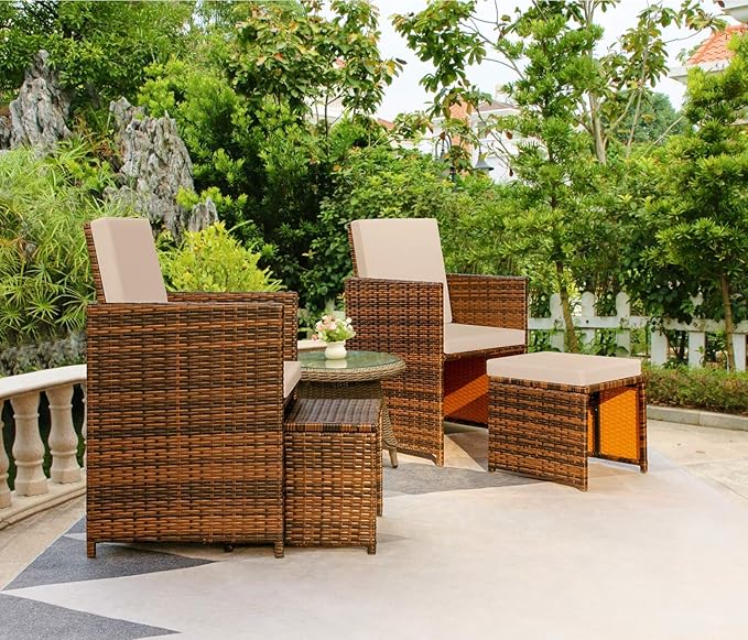 Devoko 4 Pieces Patio Wicker Furniture Set Outdoor Patio Chairs with Ottomans All Weather Cushioned Chairs Balcony Porch Furniture (Beige)